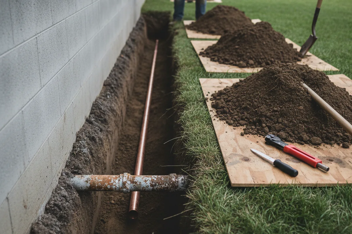 Excavated water line trench during Water Softener Installation in Westville